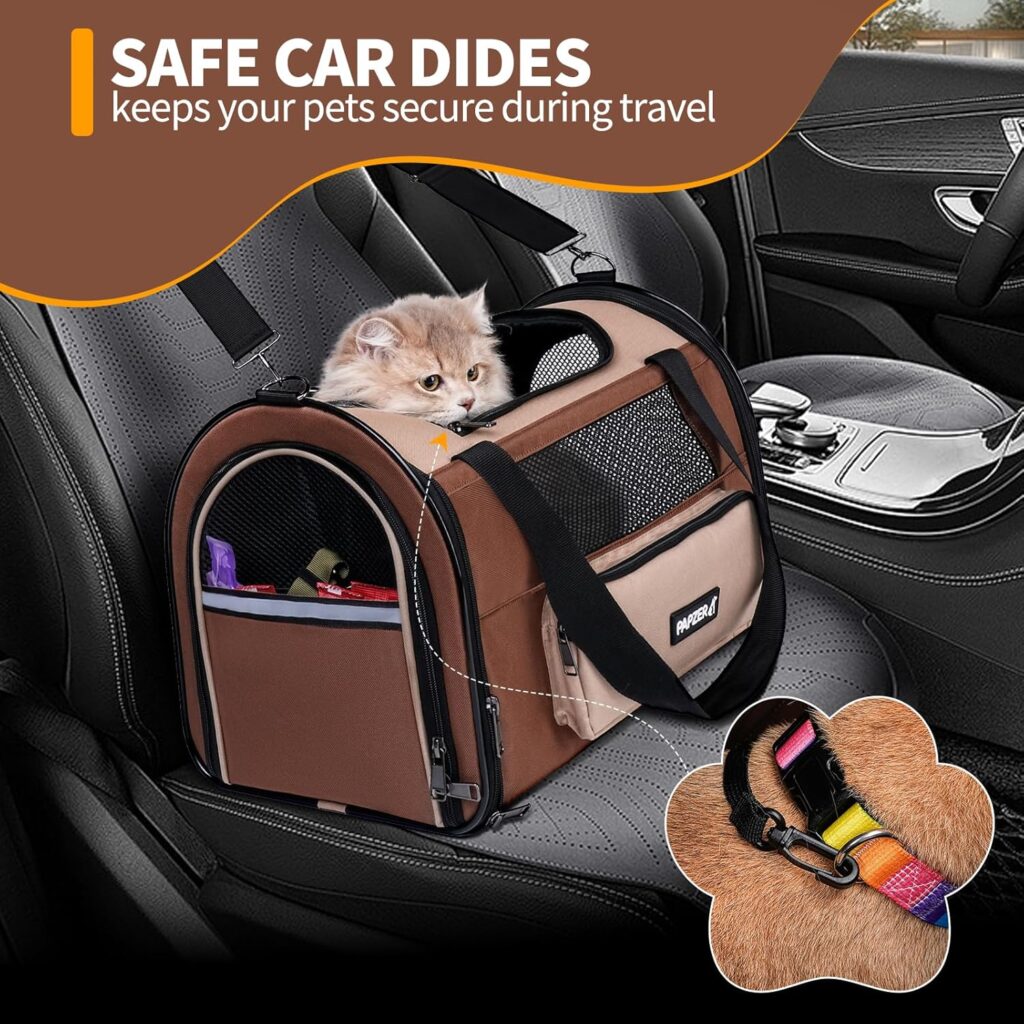 Collapsible Small Pet Carrier for Cat 15 lbs with Fashion Pocket, Lightweight Sturdy Travel Carry Bag Little Puppy Dog, Breathable Stylish Kitten Soft Cage Kennel, 17.7x11.0x11.8 Inch Khaki Lightweight sturdy travel carry bag little puppy dog