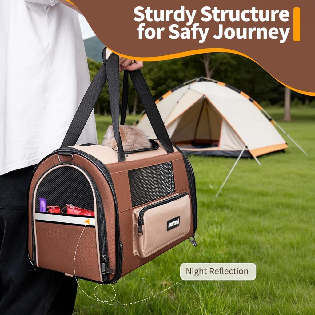 Collapsible Small Pet Carrier for Cat 15 lbs with Fashion Pocket, Lightweight Sturdy Travel Carry Bag Little Puppy Dog, Breathable Stylish Kitten Soft Cage Kennel, 17.7x11.0x11.8 Inch Khaki Lightweight sturdy travel carry bag little puppy dog