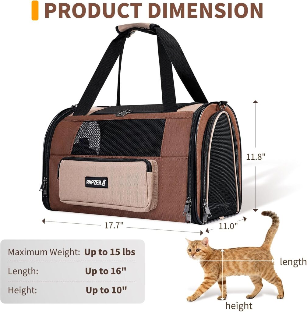 Collapsible Small Pet Carrier for Cat 15 lbs with Fashion Pocket, Lightweight Sturdy Travel Carry Bag Little Puppy Dog, Breathable Stylish Kitten Soft Cage Kennel, 17.7x11.0x11.8 Inch Khaki Lightweight sturdy travel carry bag little puppy dog