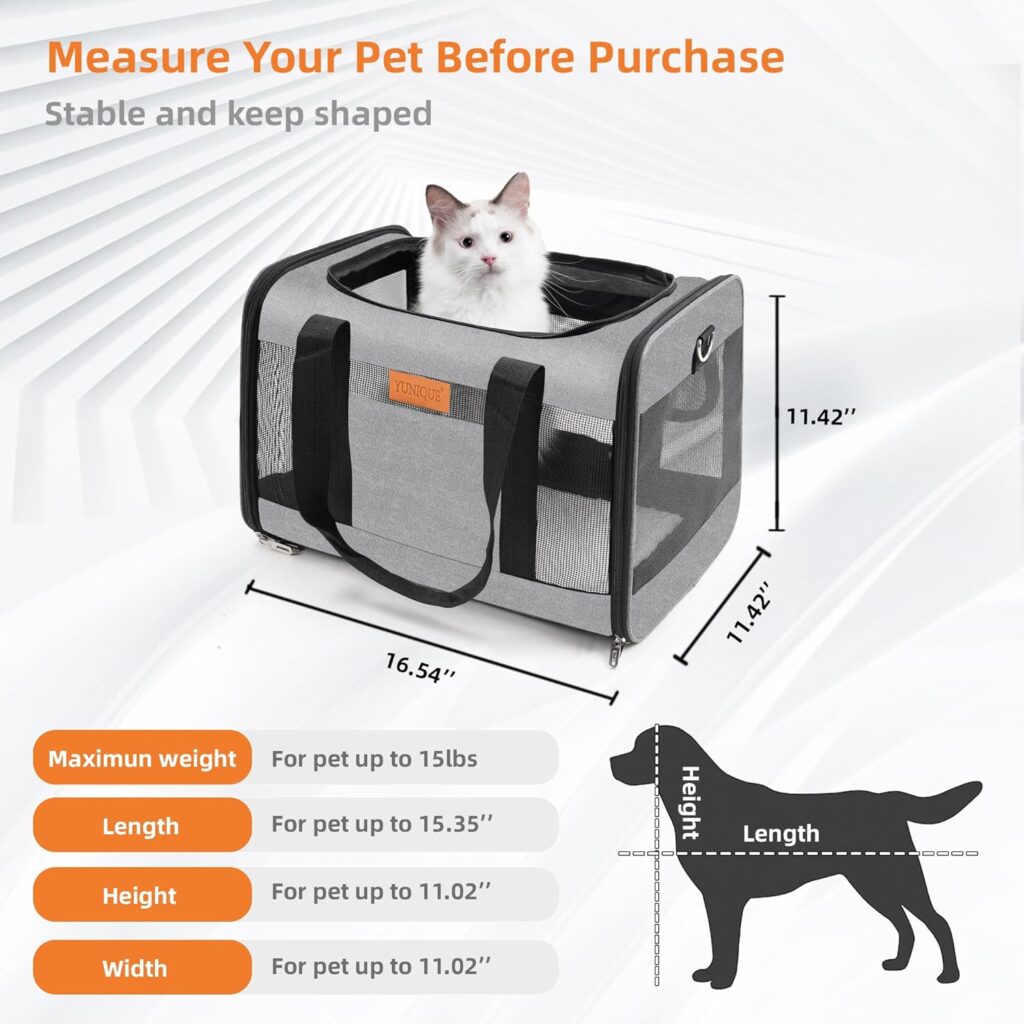 YUNIQUE Soft-Sided Cat Dog Carrier for Pets Up to 15 Lbs, Airline Approved Collapsible Travel Puppy Carrier with Lightweight Fabric Design (Grey) Yunique airline approved collapsible travel carrier review