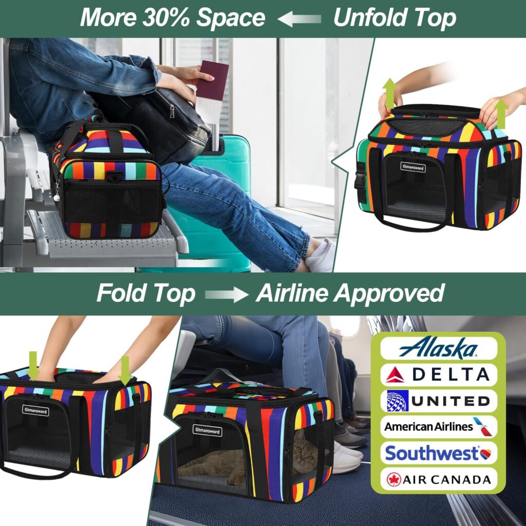 17x11x9.5 Inches Top-Expandable Pet Carrier Alaska Airline Approved, Soft Sided Carrier for Small Dog, Cat with 5-Sides Mesh Windows and Locking Safety Zippers(Rainbow)
