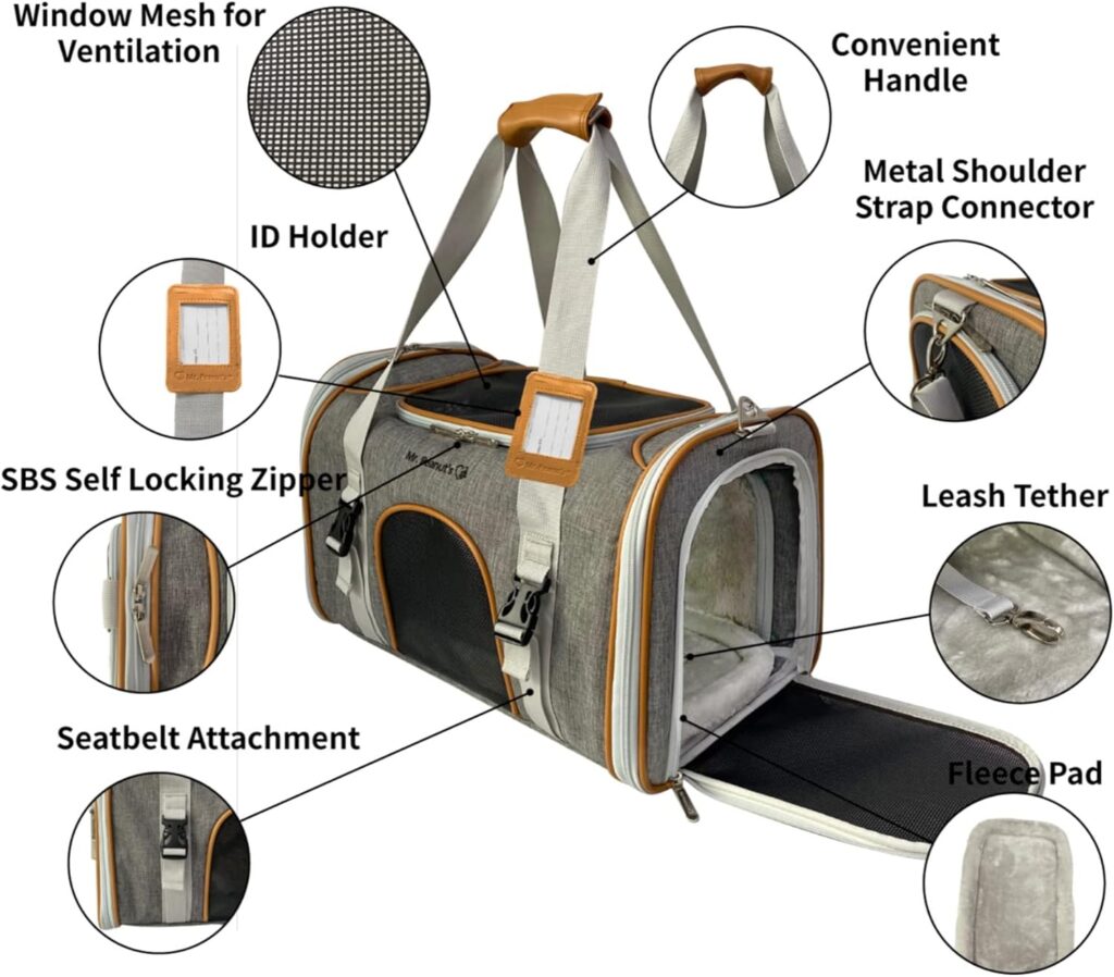 Mr. Peanuts Expandable Airline Approved Soft Sided Pet Carrier, Luxury Travel Tote with Premium Auto Self Locking Zippers, Plush Faux Fleece Bedding with Sturdy Plywood Base, 18LX10.5WX11 H Mr. peanut's expandable airline approved soft-sided pet carrier