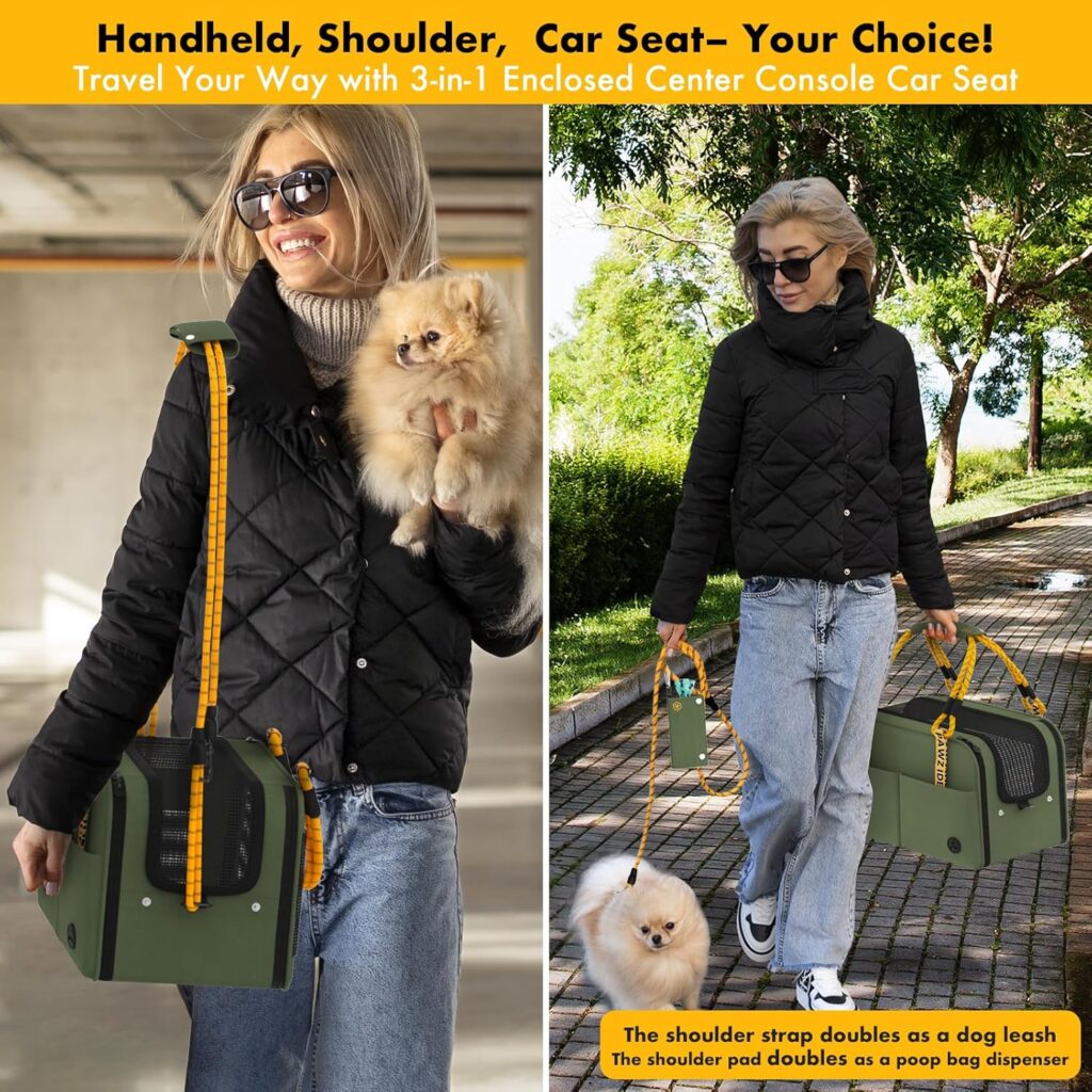 PAWZIDEA Center Console Dog Car Seat, Enclosed Small Dog Armrest Booster Carseat, Secure Straps Anti Slip, Portable TSA Approved Puppy Pet Carrier Soft-Sided, Removable Pillow Storage Pocket, up 12lb Pawzidea center console dog car seat review