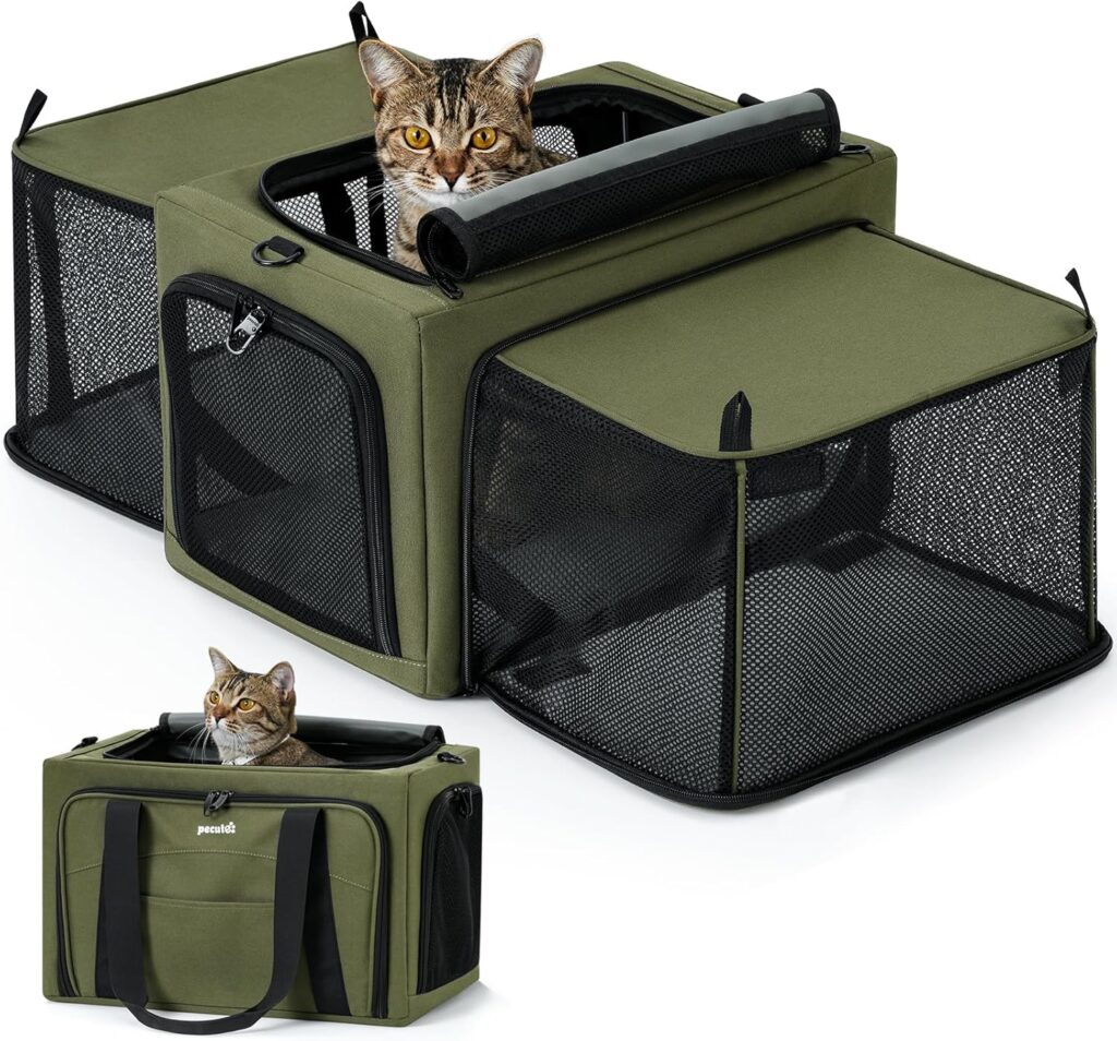 Pecute Cat Carrier Expandable, Stable Pet Carrier with 5mm Thick Steel Wire Frame, Dual-Side 200% Larger Space, Car Travel Carrier with Locking Zippers Belt, Foldable for Storage,Green Pecute stable pet carrier review