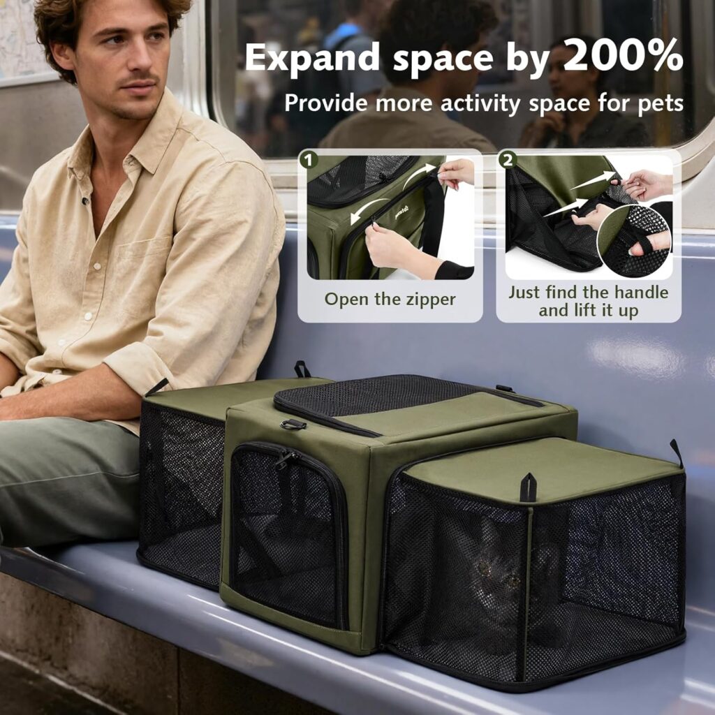 Pecute Cat Carrier Expandable, Stable Pet Carrier with 5mm Thick Steel Wire Frame, Dual-Side 200% Larger Space, Car Travel Carrier with Locking Zippers Belt, Foldable for Storage,Green Pecute stable pet carrier review