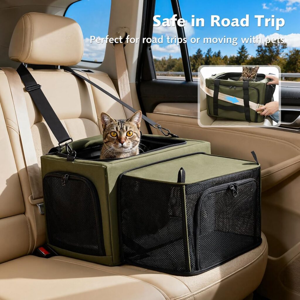 Pecute Cat Carrier Expandable, Stable Pet Carrier with 5mm Thick Steel Wire Frame, Dual-Side 200% Larger Space, Car Travel Carrier with Locking Zippers Belt, Foldable for Storage,Green Pecute stable pet carrier review