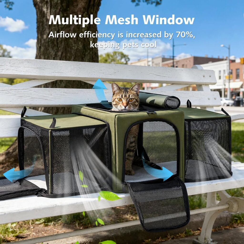Pecute Cat Carrier Expandable, Stable Pet Carrier with 5mm Thick Steel Wire Frame, Dual-Side 200% Larger Space, Car Travel Carrier with Locking Zippers Belt, Foldable for Storage,Green Pecute stable pet carrier review