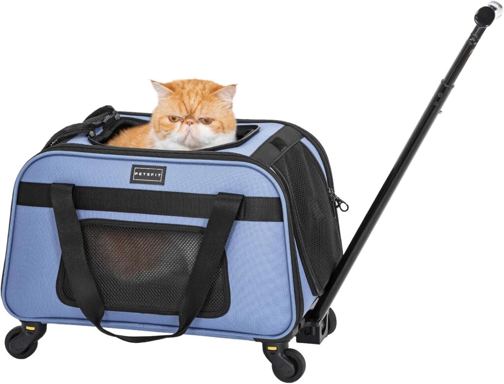 Petsfit Pet Carrier with Wheels, Rolling Cat Carrier for Small Cats, Airline Approved Pet Carrier with Telescopic Handle Perfect for Travelling Under 13lb,Blue Petsfit Pet Carrier with Wheels, Rolling Cat Carrier for Small Cats, Airline Approved Pet Carrier with Telescopic Handle Perfect for Travelling Under 13lb,Blue
