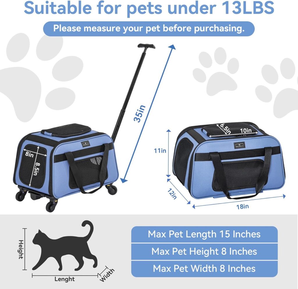 Petsfit Pet Carrier with Wheels, Rolling Cat Carrier for Small Cats, Airline Approved Pet Carrier with Telescopic Handle Perfect for Travelling Under 13lb,Blue Petsfit Pet Carrier with Wheels, Rolling Cat Carrier for Small Cats, Airline Approved Pet Carrier with Telescopic Handle Perfect for Travelling Under 13lb,Blue