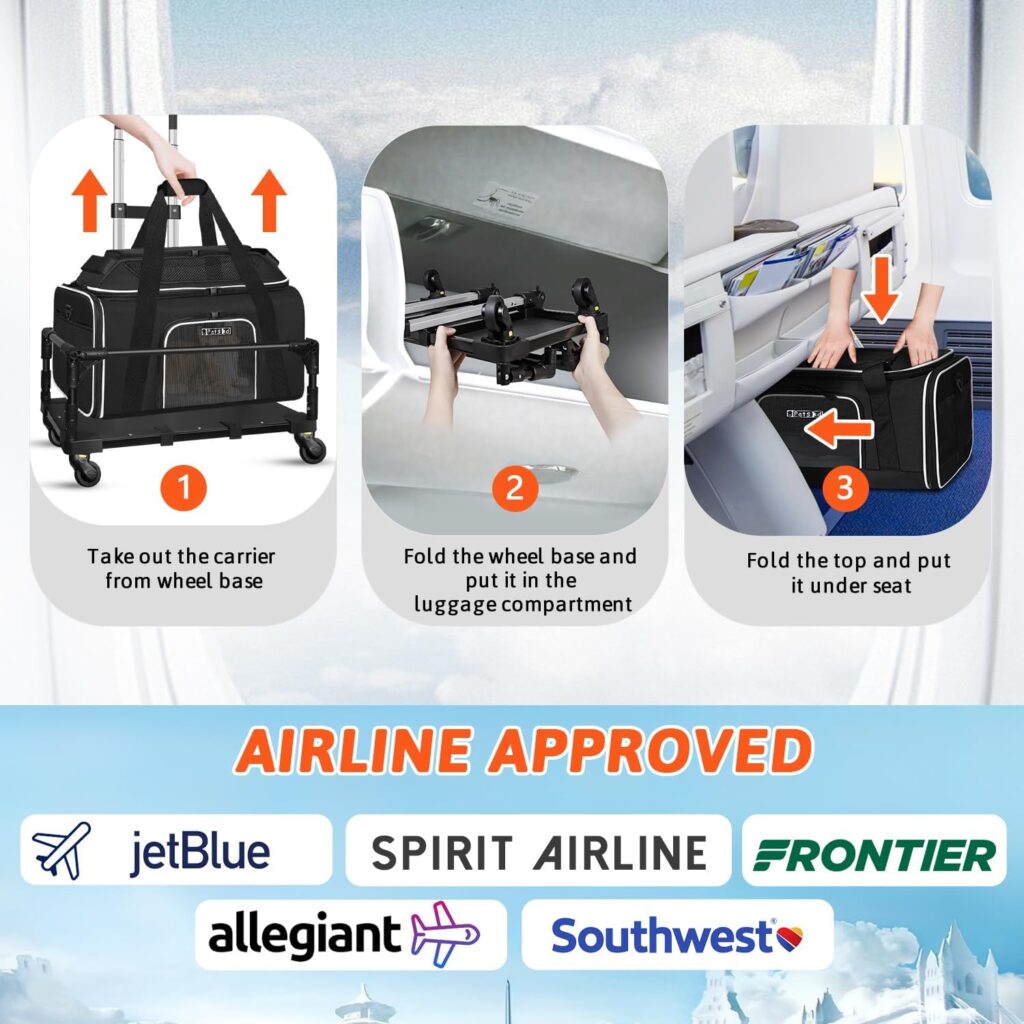 Petskd Top-Expandable Small Pet Carrier with Wheels (17 L x W x 8.5 H), JetBlue/Allegiant/Spirit Airlines Approved, Rolling Pet Carrier for Small Dogs Cats (Black) Petskd Top-Expandable Small Pet Carrier with Wheels (17 L x W x 8.5 H), JetBlue/Allegiant/Spirit Airlines Approved, Rolling Pet Carrier for Small Dogs Cats (Black)