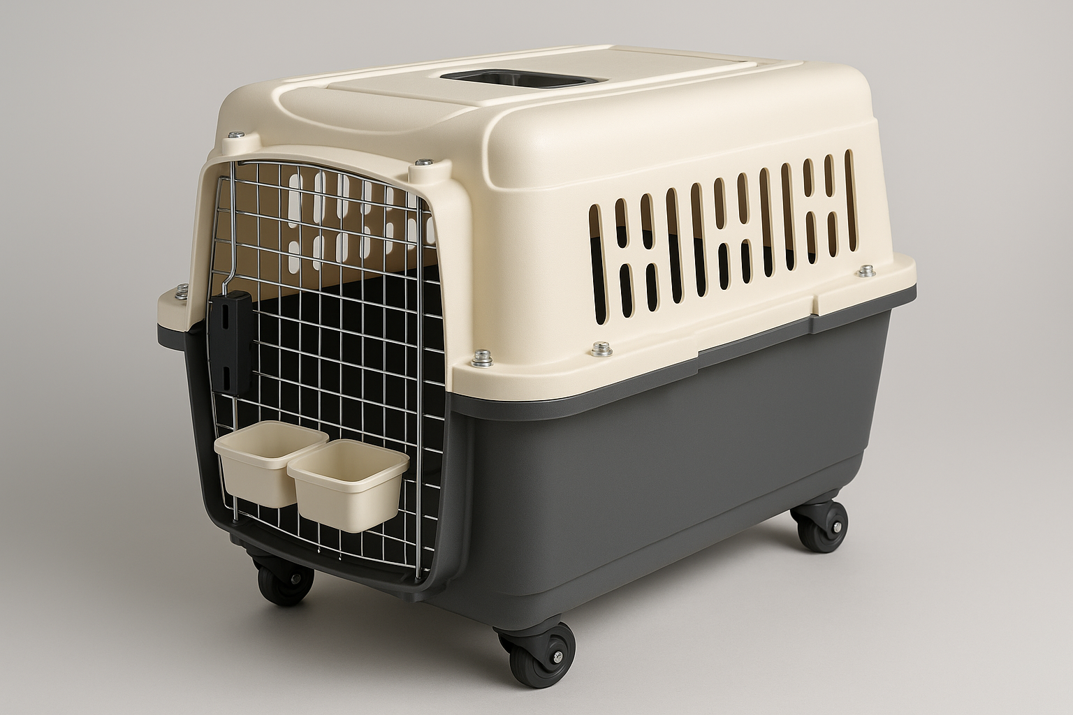 SportPet Airline Compliant MEDIUM 24.25″ Travel Dog Kennel-Durable Plastic Airline Pet Carrier w/Removable Wheels & Food Bowls, Collapsible Indoor/Outdoor Dog Kennel, Dogs up to 23″L & 15″H-Cream/Gray