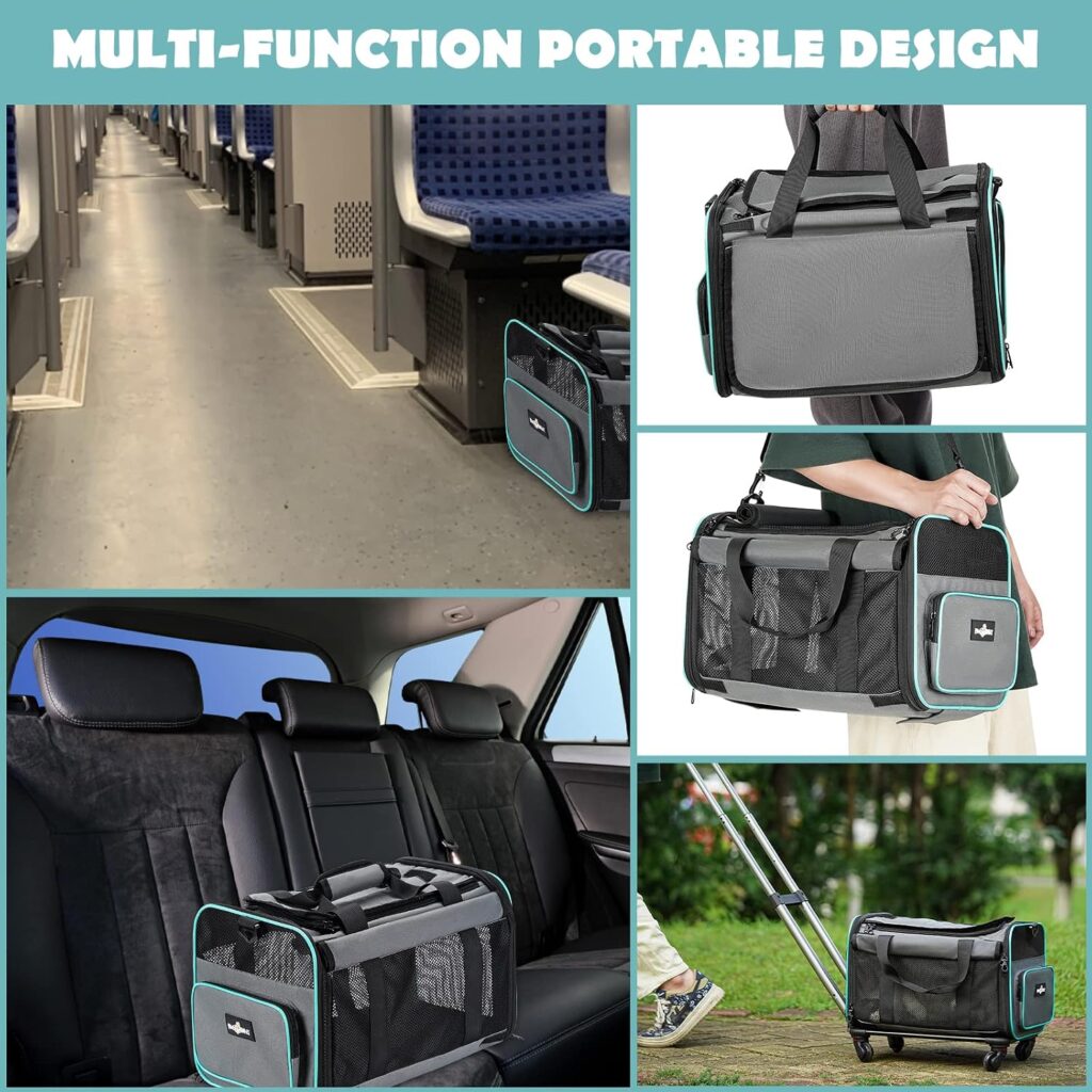 https://www.amazon.com/dp/B0BYCX62KL - Paw Ballet Pet Carrier with Wheels, Durable Airline Approved Cat Crate, Foldable Rolling Dog Carrier, Rolling Bag for Cat
