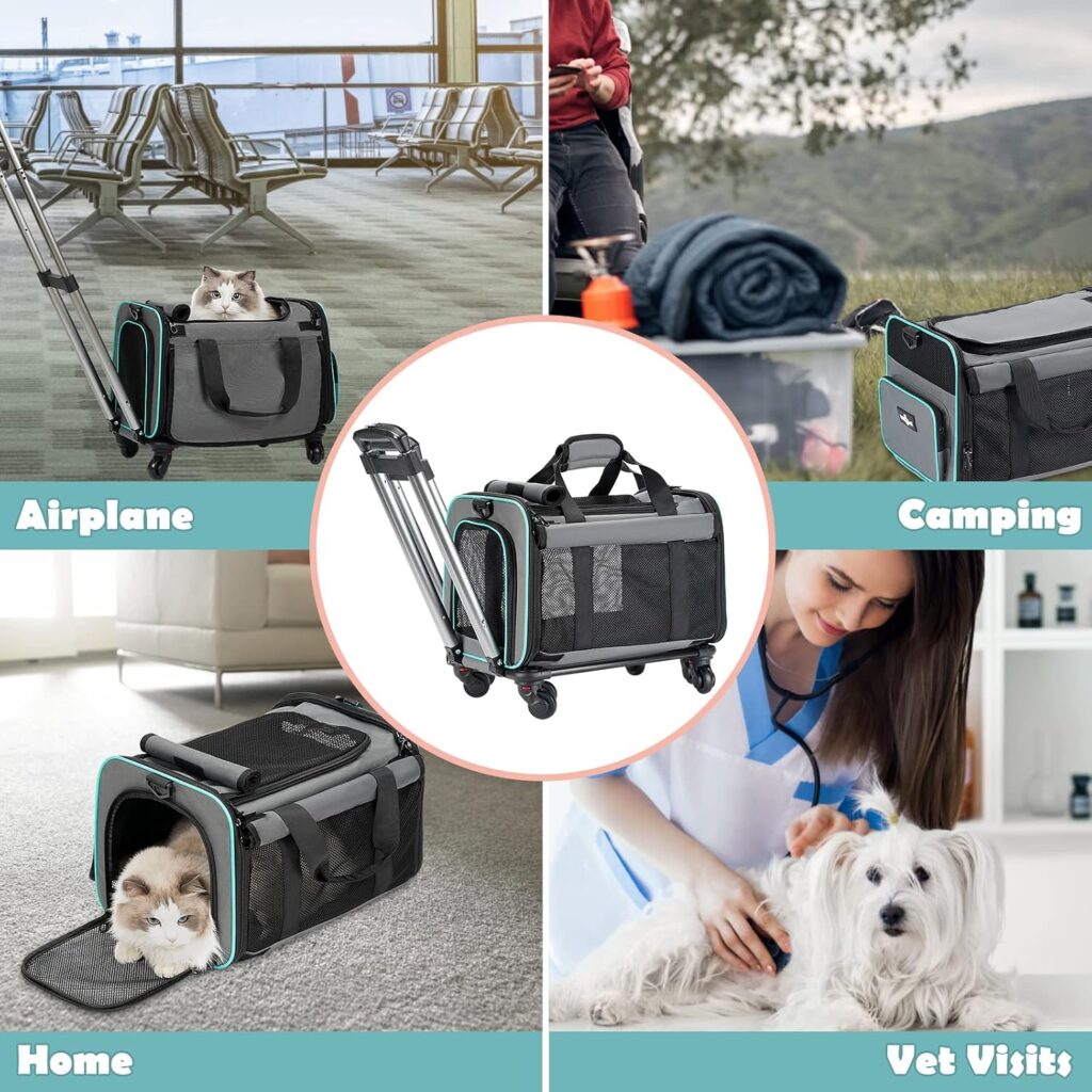 Paw Ballet Pet Carrier with Wheels, Durable Airline Approved Cat Crate, Foldable Rolling Dog Carrier, Rolling Bag for Cat