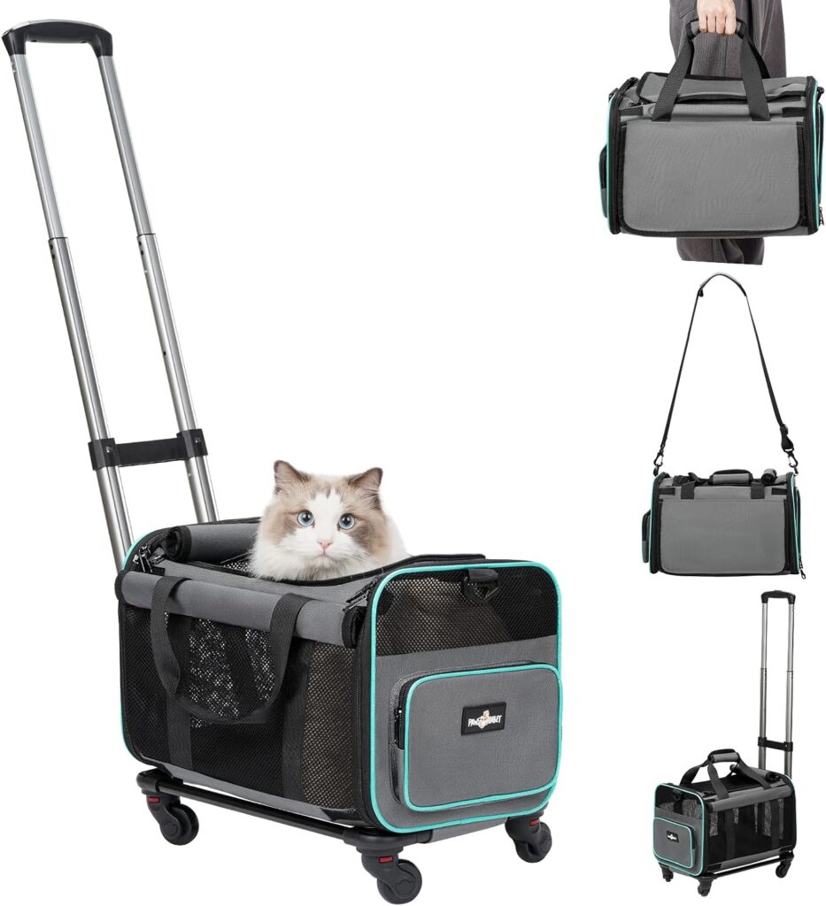 Paw Ballet Pet Carrier with Wheels, Durable Airline Approved Cat Crate, Foldable Rolling Dog Carrier, Rolling Bag for Cat