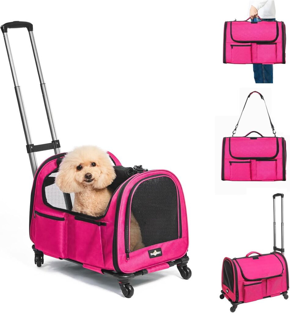 Paw Ballet Pet Carrier with Wheels, Durable Airline Approved Cat Crate, Foldable Rolling Dog Carrier, Rolling Bag for Cat